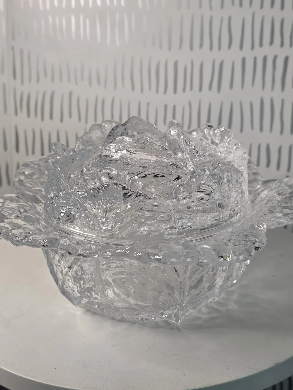 Vintage Clear Glass Cabbage Leaf Bowl with Lid Pressed Glass